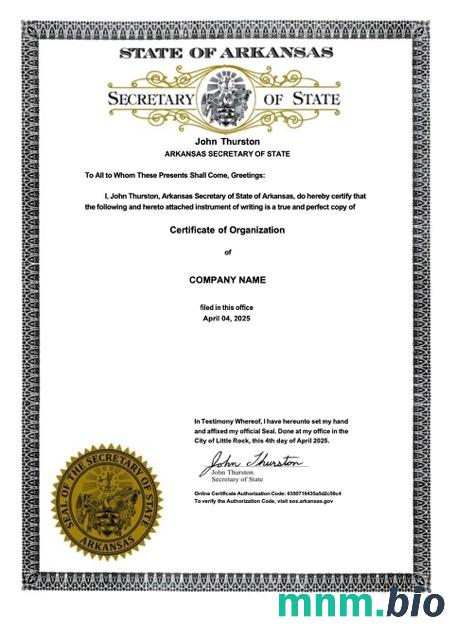 Certyfikat organizacji USA Arkansas Word i szablon PDF